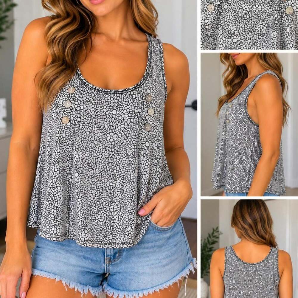 🤍 L'Appel Black & White Floral Button Detail Tank Top – Size XL